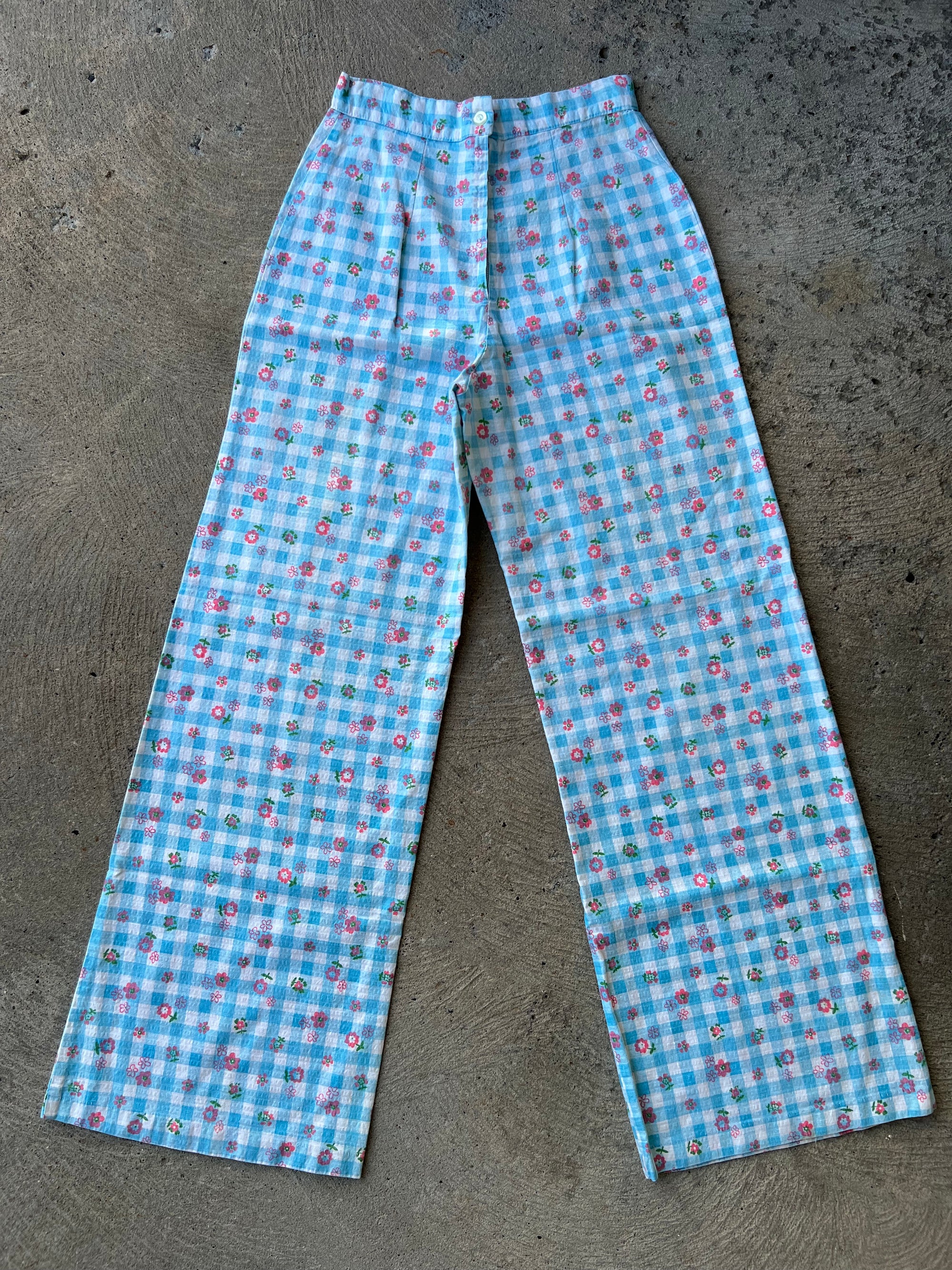 1970s Flare Linen Flower Monogram Pants