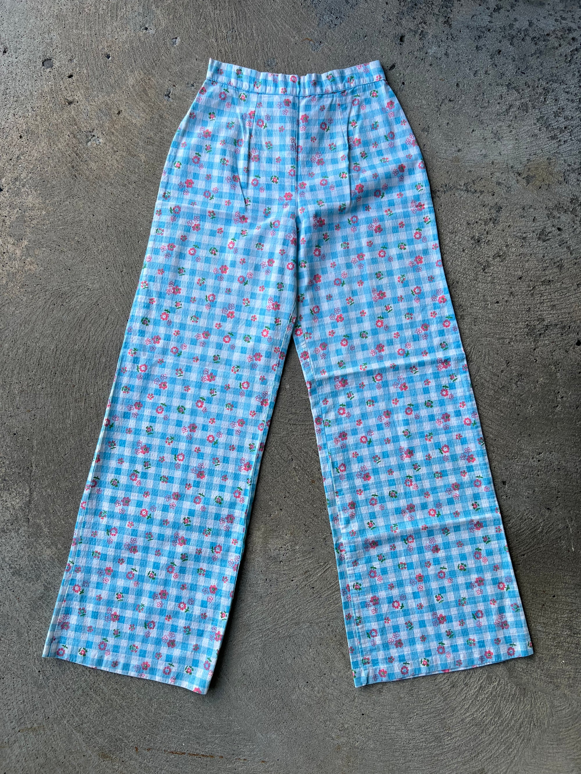 1970s Flare Linen Flower Monogram Pants